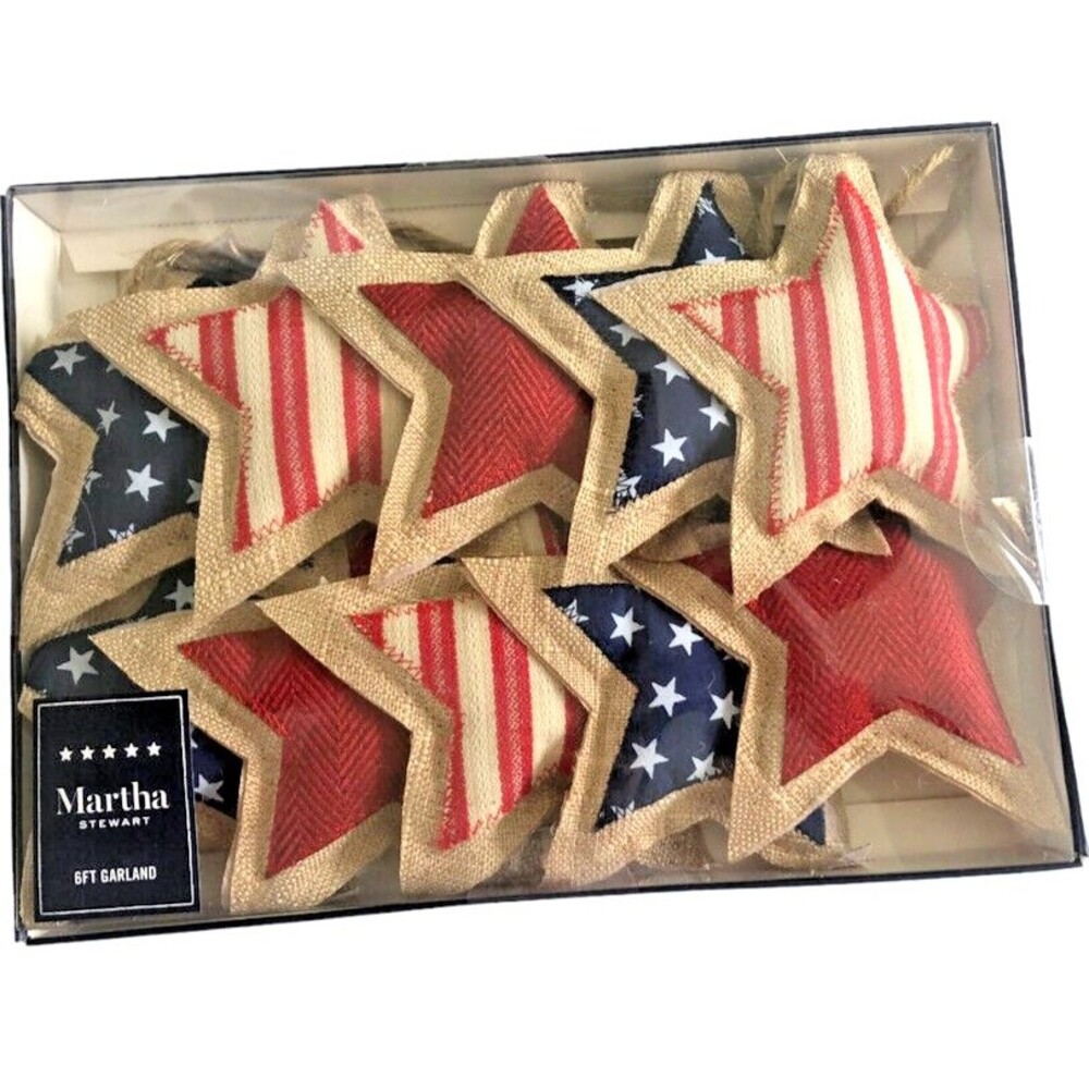 Martha Stewart 4th Of July 5" Stars 6 Ft Mantle Garland Burlap Jute 10 Stars